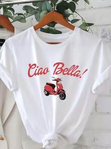 Women's Ciao Bella Pattern T-Shirt - Black And Red Skateboard Print, 100% Cotton, Short Sleeves, Round Neck, Casual Top, Breathable, Ideal For Summer And Spring, Machine Washable, Stylish Design, Comfortable Fit, Lightweight T-Shirt, Casual Style, Fun Print, Plus Sizes. - White - View 6