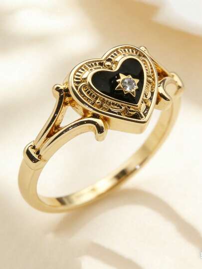Western Cowboy Gold Plated Black Enamel Heart Ring Gothic Jewelry For Women Men Daily Wear Music Party Or Valentine's Day Gift