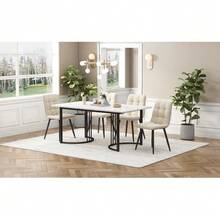 Dining Set (5 Pieces), Table And 4 Chairs, Modern Kitchen Set, 140*80cm Kitchen Table With Black Metal Legs, White MDF Top, Beige Velvet Dining Chairs - Apricot - View 2