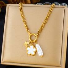 男士双链蝴蝶四叶草珍珠不锈钢项链 - 花朵 - 查看 6