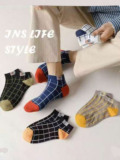 5/10 Pairs Men's Breathable Large Plaid Boat Socks, Suitable For Spring, Summer, Autumn, Casual Lightweight, Unisex