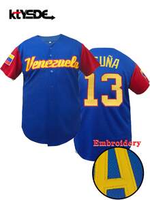 KTYSDE Herren Baseball Trikot, #13 in Blau & Rot, Buchstaben-Stickerei, locker sitzender V-Ausschnitt Kurzarm Knopfleiste Sportoberteil, geeignet für Street Hip-Hop Party Stil, Baseball, Golf, tägliches Training - Blau - Übersicht 1