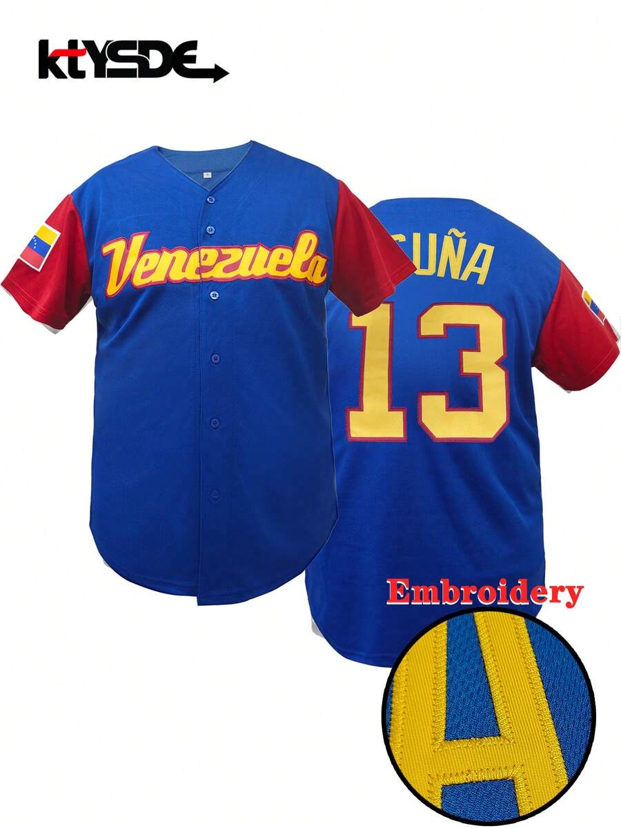 KTYSDE Herren Baseball Trikot, #13 in Blau & Rot, Buchstaben-Stickerei, locker sitzender V-Ausschnitt Kurzarm Knopfleiste Sportoberteil, geeignet für Street Hip-Hop Party Stil, Baseball, Golf, tägliches Training - Blau - Übersicht 1