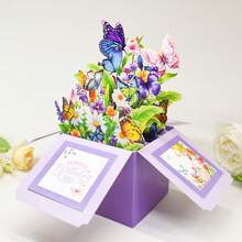 1pc Purple Butterfly 3D Pop-Up Flower Box, Warm Birthday Composite Butterfly Flower Box With Envelope Birthday Card, Friend Birthday Party Gift - Multicolor - View 8
