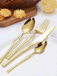 4/16/24pcs Golden Cutlery Set With Slim Waist,Stainless Steel Flatware Set, Waist Design Knife Fork Spoon Dessert Spoon,Reusable Tableware Set,Ideal For Home Kitchen,Restaurants,Hotel,Wedding,House-Warming,Party, Kitchen Supplies,Christmas Gifts - Gold - View 4
