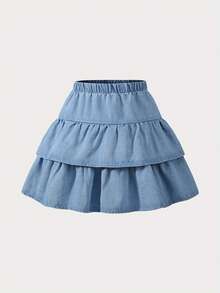 1pc Girls Casual Pleated Denim Skirt, Elastic Waist, Versatile & Fashionable, Summer - Medium Wash - View 2
