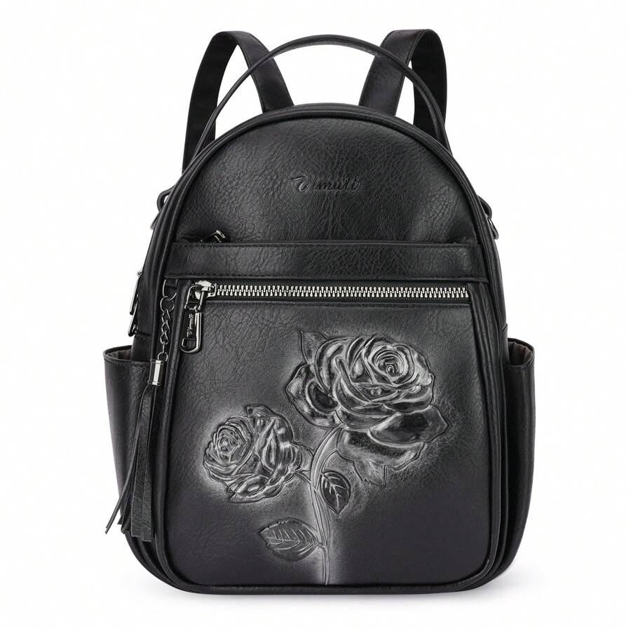 Backpack Purse For Women, Rose-Embossed Faux Leather Small Backpack, Multifunctional Travel Backpack, High-Quality Design Storage School Bag, For School Commuting, Travel And Hiking - Black - View 1