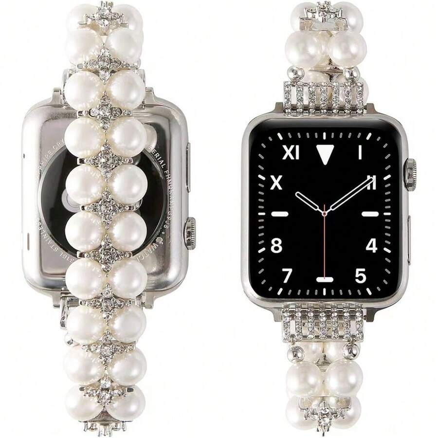 1pc Women's Delicate Pearl Metal Band Compatible With 38/40/41/44/45/49/42/46mm Series 11/SE3/Ultra3/Ultra/SE/SE2/10/9/8/7/6/5/4/3/2 - Silver - View 1