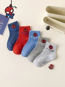 Marvel 5双装儿童袜子，超级英雄蜘蛛侠袜子，男童中筒袜，韩版卡通，春夏款，女童袜子，儿童 - 彩色 - 查看 2
