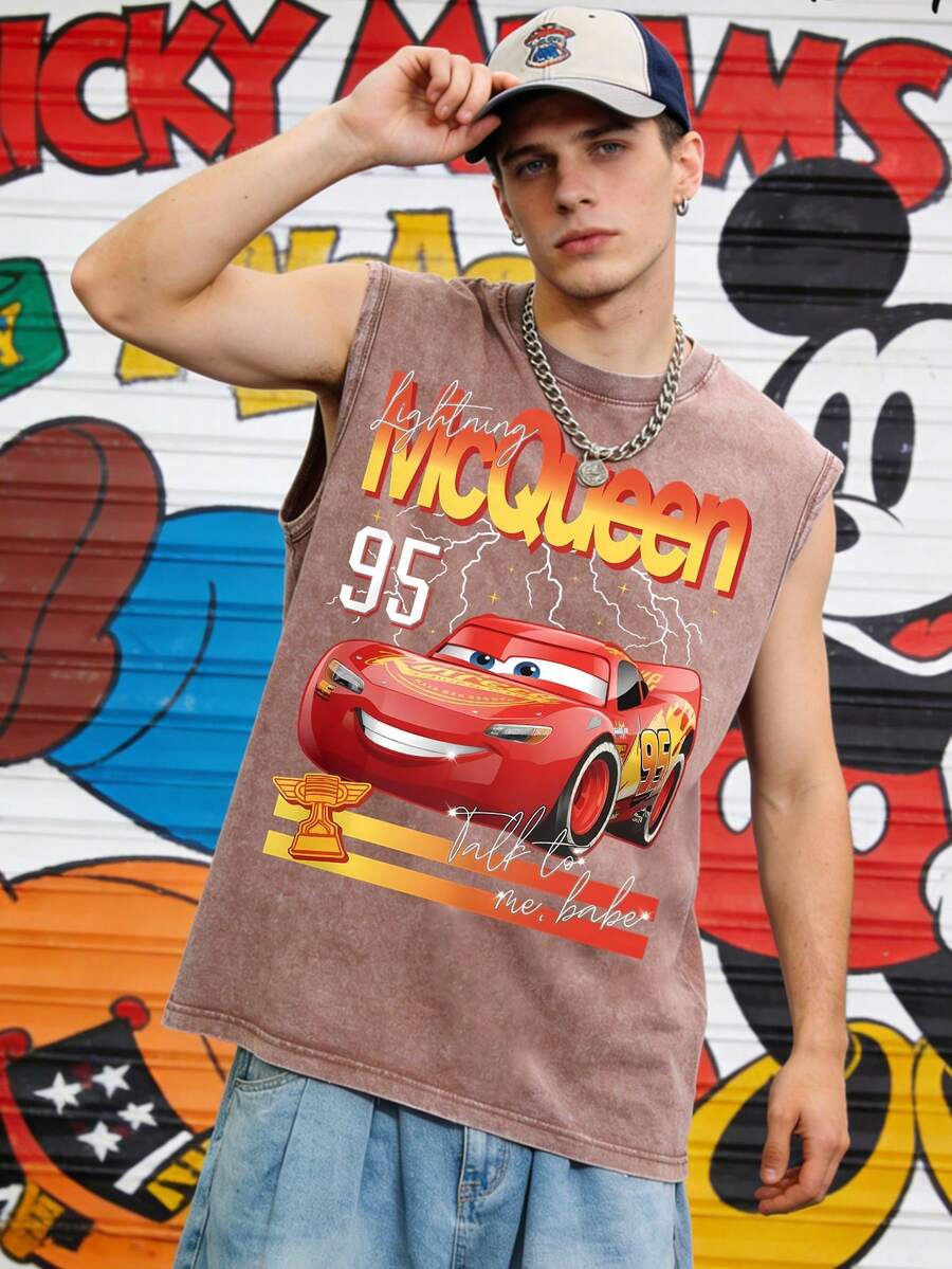 Disney Cars Lightning McQueen 230GSM Vintage Washed Streetwear Tank Top, Casual Tank Top - 咖啡色 - 查看 1