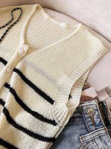 Women's Casual Elegant Striped Round Neck Button Sleeveless Knit Cardigan Top - Apricot - View 3