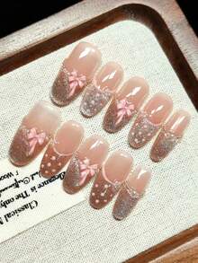 10pcs Handmade Wearable Nail Stickers, Embossed Fake Nails, French Dual-Color Design, Pink Cat Eye Effect, Pink Bow, Shiny & Fashionable, High-End Reusable, Best Gift For Girls - Pink - View 3