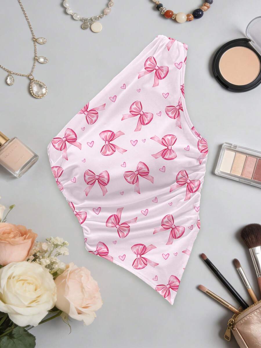 Women's Asymmetric/Asymmetrical Butterfly Print Ruffle Trim Casual Blouse, Suitable For Beach And Daily Wear - Pink - View 1