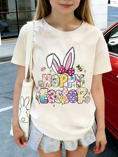 1pc Easter Graphic Print Short Sleeve T-Shirt For Tween Girls, Student & Young Children Summer Gift