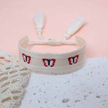 1pc Embroidered Butterfly Handmade Braided Bohemian Style Bracelet, Suitable For Party, Travel, Concert, Wedding, Friendship Gift - Beige - View 4