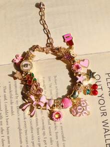 1pc Pink Leopard Heart Charm Bracelet, Cute Bow Heart Bracelet, Strawberry & Star Girl Bracelet, Fake Food Donut Bracelet, Religious Virgin Mary Bracelet - Gold - View 9