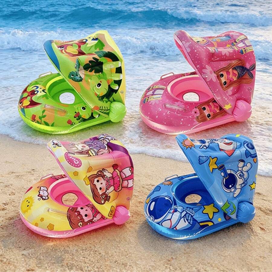 Flotador Hinchable con Techo Protector para Bebés, Diseño de Dibujos Animados, 4 Estilos Disponibles, Ideal para Piscina y Playa Resistente Antideslizante - Verde - Ver 1