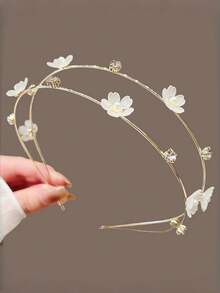 1pc Girl's Rhinestone & Pearl Flower Metal Double-Layer Thin Headband, Elegant Versatile Fashion Hair Accessory - Multicolor - View 10