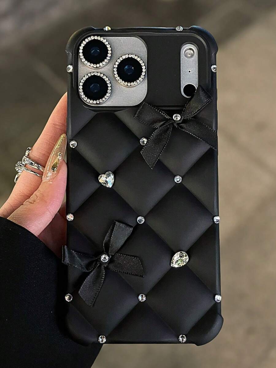 菱形亮片蝴蝶结绗缝手机壳，兼容 17/15 Pro Max/13/14/12/11/16