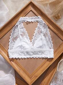 Elegant Wireless Bra, Lace & Bow Detail, Comfortable Halter Neck Lingerie - White - View 2