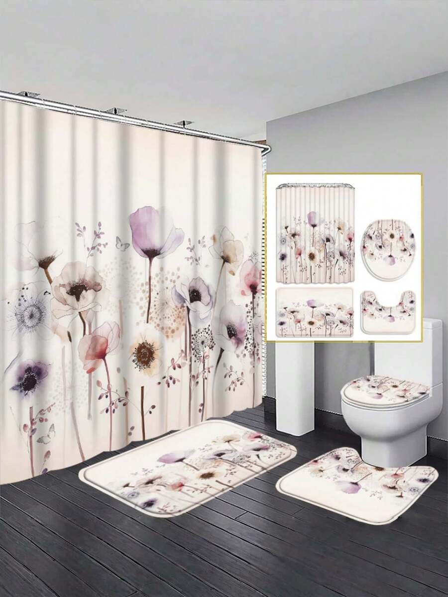 1/4pcs Bohemian Floral Butterfly Bathroom Curtain Set, 72in*72in - Poppy, Dandelion & Butterfly Pattern Waterproof, Durable Bathroom Accessories - Includes Toilet Seat Cover, U-Shaped Toilet Mat And Non-Slip Floor Mat, Made Of Knitted Polyester Fabric - Washable, Mildew-Resistant - Suitable For Spring, Home/Hotel/Dorm/Outdoor/School Dormitory/Western/Holiday Bathroom Decor, Back To School Essential, Housewarming Gift[Comes With 12 Hooks]