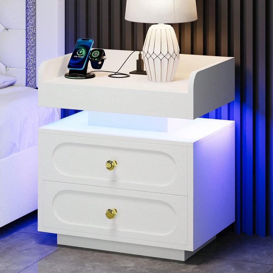 1/2pcs Nightstand With Charging Station, LED Night Stand With 2 Drawers, Modern Bedside Table With Gold Handle & Rounded Design, Side Table For Bedroom, Living Room, White/ Black - 查看 1