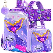 3PCS Mermaid Backpack, 16" Girls Bookbag With Lunch Box, Kids Elementary Prechool Toddler Shool Bag - Purple - View 2