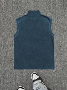 Simple Retro Washed Half-Zip Vest For Men, Summer - Navy Blue - View 4