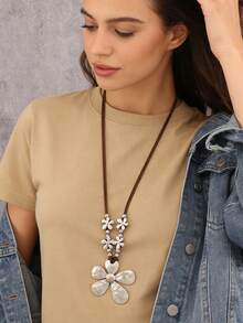 1 件简约银色不对称向日葵合金吊坠项链，可调节蜡绳项链，适合年轻女性、女友的时尚日常佩戴 - 小花朵串珠+太陽花 - 查看 4