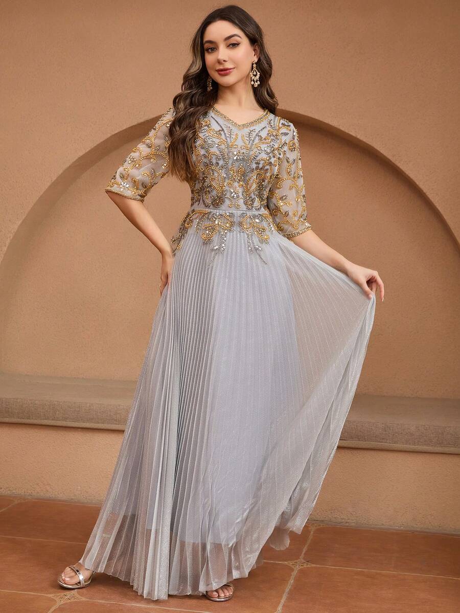 Gray V-Neck Beaded Embroidery Pleated Gown