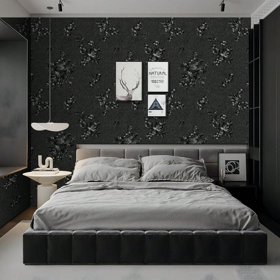 1 Rolle Vintage schwarzes Blumenmuster abnehmbares Vinyl Tapete, geeignet für Zimmer, Badezimmer, Bar, Schlafzimmer, TV Hintergrund, Schrank, Schublade, Tischplattendekoration, DIY Tapete, 45cm*1000/500/300/100cm