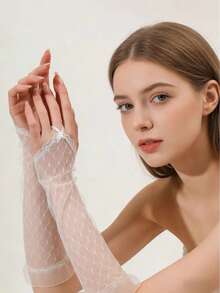 1 Pair White Bridal Lace Gloves - White - View 6