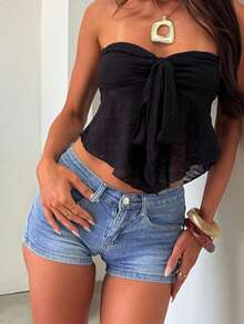 Quần short denim nữ mùa hè, quần jean ôm sát co giãn gợi cảm thời trang lễ hội âm nhạc có túi, thích hợp cho các buổi tiệc tùng. - Rửa trung bình - Xem 1