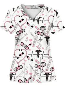 白色底布印花双口袋女式工作服上衣，护士工作服，牙科诊所制服，医疗保健工作服，短袖护士服，针织面料，四季皆宜，春季 - 彩色 - 查看 9