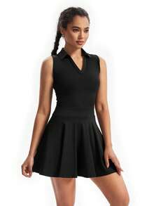 Plain Fitness Dress With Polo Collar And Built-In Shorts With Comfortable Pocket - 黑色 - 查看 3