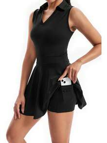 Plain Fitness Dress With Polo Collar And Built-In Shorts With Comfortable Pocket - 黑色 - 查看 6