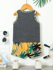 2pcs Baby Boy Vacation Style Vest Top + Plaid Shorts Set, Casual Fashion Spring/Summer - Dark Grey - View 2
