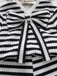 2pcs Baby Girls' Summer New V-Neck Short Sleeve Striped Top With Bow Decor And Casual Sports Shorts Set, Suitable For Outdoor Wear - Black and White - View 7