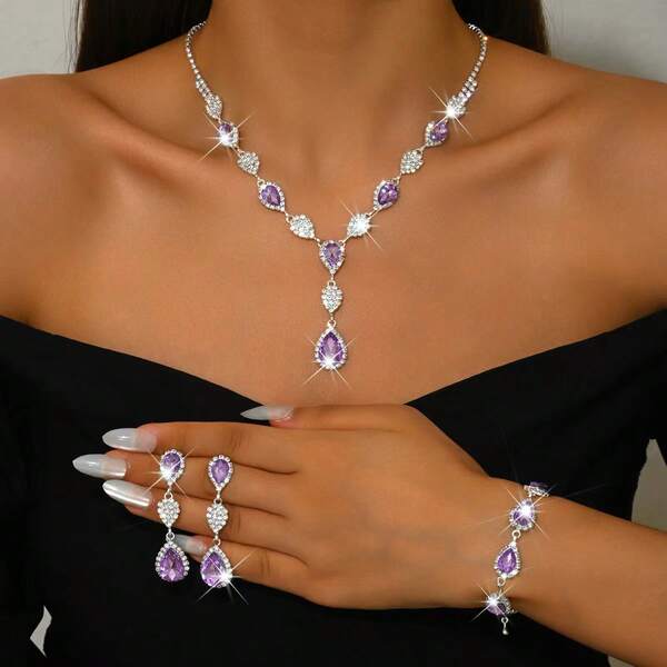 一套优雅的紫色婚礼镶嵌水滴形闪亮立方氧化锆项链、耳环、手链三件套，精致奢华的女士配饰，适合婚礼、派对和日常佩戴，是理想的开斋节礼物。