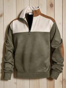 Áo sweatshirt nam màu xanh ô liu phối nhiều mảnh, cổ đứng, khóa kéo, đa năng, phù hợp mặc hàng ngày như công sở. - Màu xanh Ô liu - Xem 4