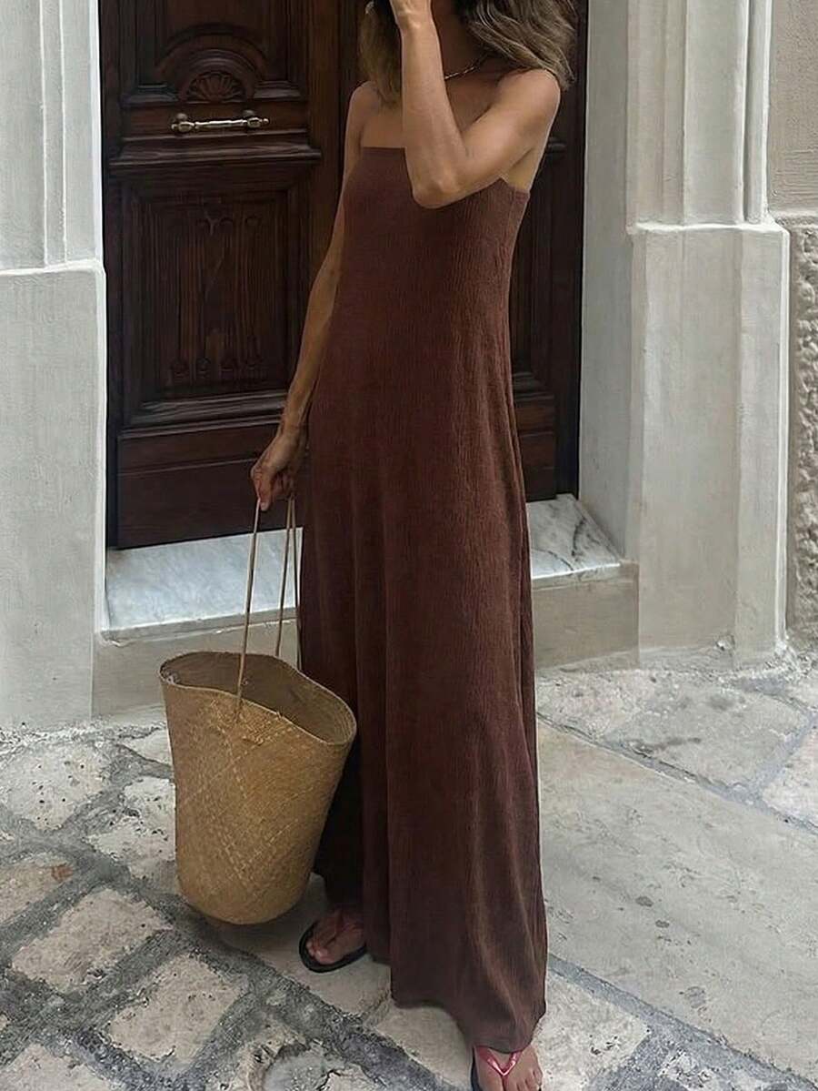 Spring/Summer Strapless Cocoon Textured Fabric Elegant Maxi Dress, Suitable For Beach, Vacation, And Everyday Wear - Coffee Brown - View 1