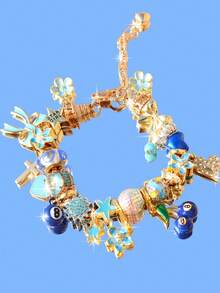 1条红色樱桃串珠手链，蝴蝶结爱心星星女孩手链，可爱樱桃十字架手链，幸运蓝色樱桃星星手链，复古爱心手链 - 寶藍色 - 查看 14