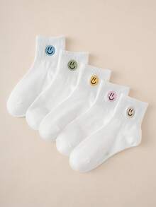 5pairs Interesting Personalized Cartoon Embroidery Smiling Face Design Mid-Calf Kids Socks For Daily Fashion Matching - White - View 4
