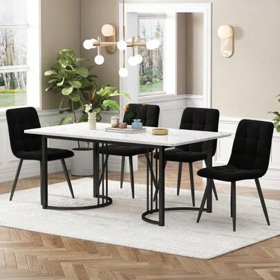 Dining Set (5 Pieces), Table And 4 Chairs, Modern Kitchen Set, 140*80cm Kitchen Table With Black Metal Legs, White MDF Top, Black Velvet Dining Chairs