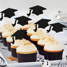 12pcs/24pcs 2026 Graduate Black Glitter Graduation Cap Cupcake Toppers & Wrappers Set, Suitable For Decorating Cakes And Cupcakes At Graduation Ceremony - Black Graduation Cap - View 2
