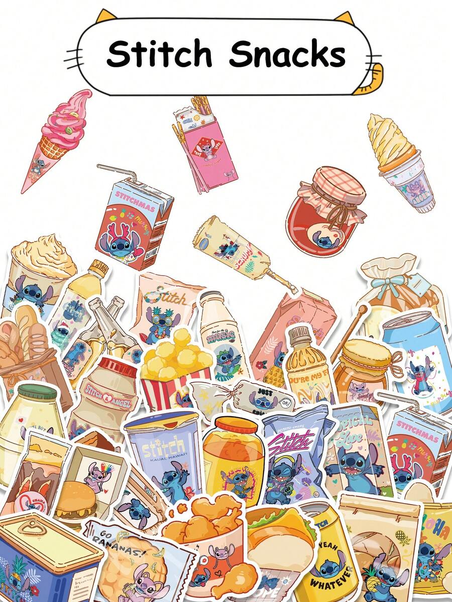Disney 迪士尼 | 50张莉萝与史迪奇零食食物卡通可爱贴纸涂鸦DIY日记计划本手机笔记本电脑行李箱滑板汽车圣诞节复活节生日学校派对礼物贴纸供应商 - 1 Set - 查看 1