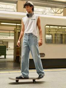 Open Phase 宽松无弹力直筒水洗棉质牛仔裤，百搭阔腿水洗牛仔裤，情侣直筒宽松水洗牛仔裤，Y2K风格休闲裤，带纽扣和拉链，适合所有季节，春夏宽松版型，男士夏季度假装，复古美式，男女皆宜，宽松版型夏季服装——适合日常穿着和夏季度假装。 - 淺藍色 - 查看 1