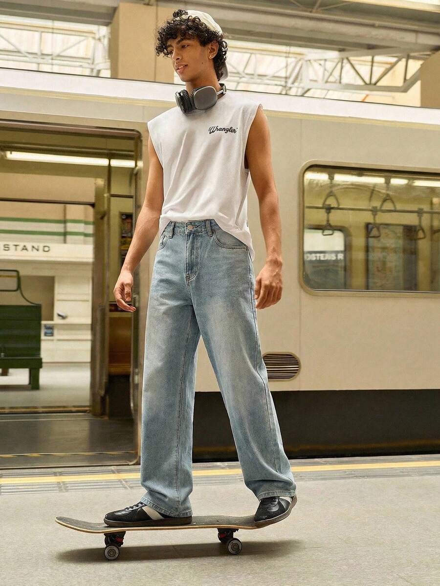 Open Phase 宽松无弹力直筒水洗棉质牛仔裤,百搭阔腿水洗牛仔裤,情侣直筒宽松水洗牛仔裤,Y2K风格休闲裤,带纽扣和拉链,适合所有季节,春夏宽松版型,男士夏季度假装,复古美式,男女皆宜,宽松版型夏季服装——适合日常穿着和夏季度假装。 - 淺藍色 - 查看 1