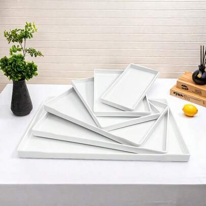 1 Khay nhựa hình chữ nhật màu trắng trang nhã, khay phục vụ đa năng, có 6 kích cỡ để lựa chọn, phù hợp cho bữa sáng/đồ ăn nhẹ/cà phê/trà/cocktail/món khai vị, khay đựng đồ trên bàn làm việc trong nhà bếp, phòng khách, phòng tắm, phòng ngủ, văn phòng, cửa hàng, ngoài trời, bàn cà phê, trên đùi/ghế sofa, tiệc nướng/tiệc tùng.