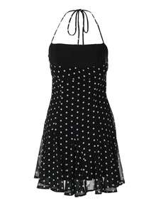 Damen Schwarzes Polka Dot V-Ausschnitt Ärmellos Mini-Kleid, Elegant Strandurlaub, Party Musikfestival Valentinstag Date Romantisch - Schwarz - Übersicht 9